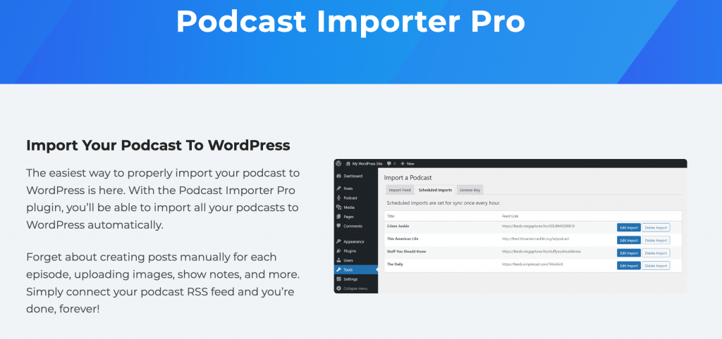 The Podcast Importer Pro premium plugin's homepage