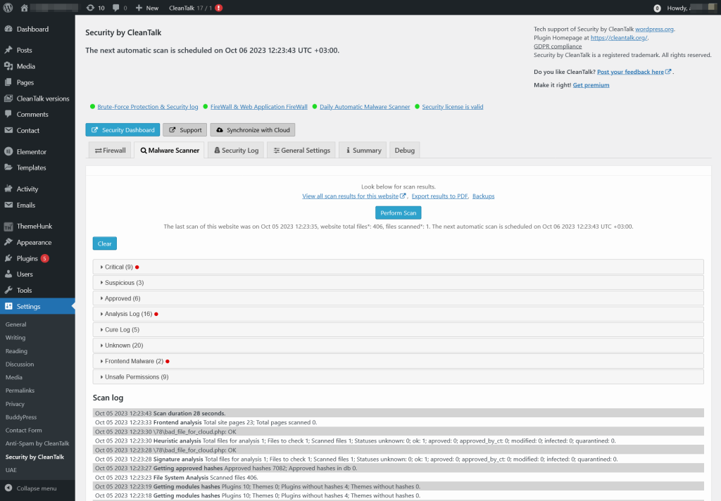 Security & Malware Scan by CleanTalk interface
