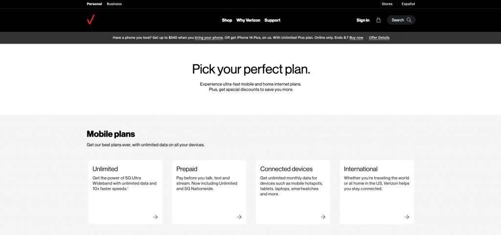 Verizon pricing page