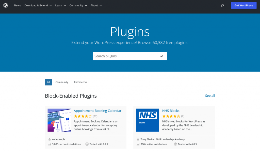 WordPress Plugins landing page