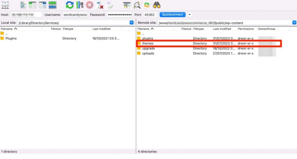 Accessing the WordPress themes folder via Filezilla.