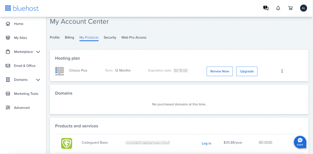 The My Products tab under the Bluehost My Account Center section