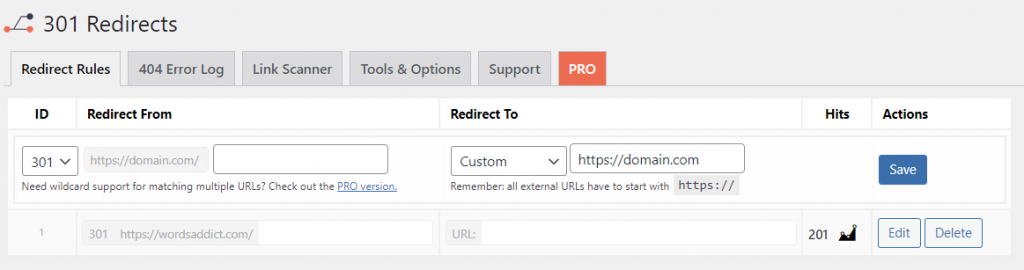 301 Redirects plugin screen with Redirect From/To fields and 301 option