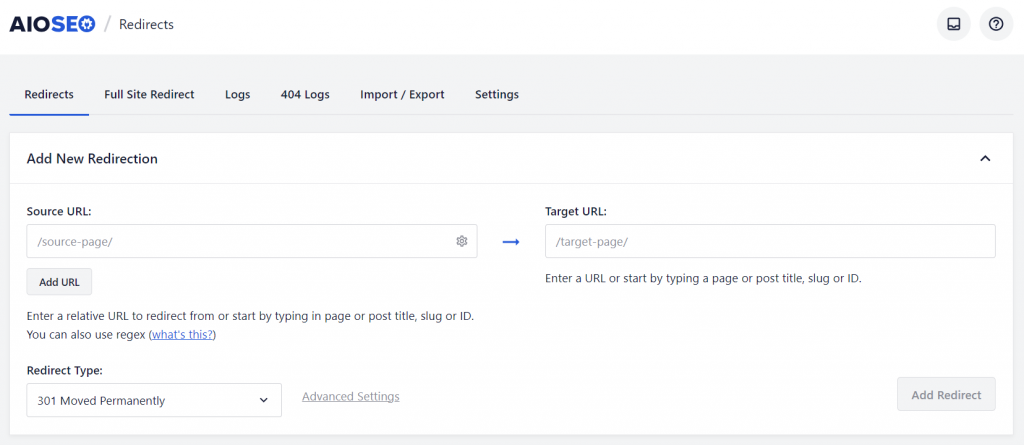 AIOSEO Redirects screen showing fields for source URL, target URL, and type