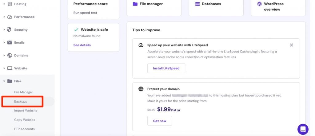 WordPress backups in hPanel.