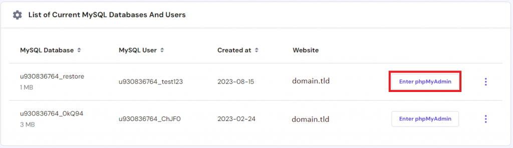 Enter phpMyAdmin button highlighted on hPanel.