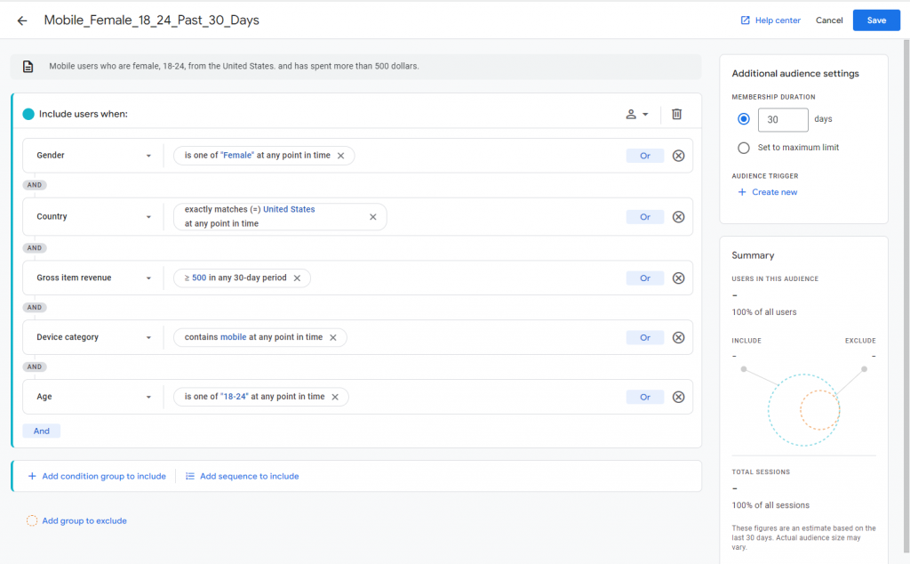 Creating a custom audience of mobile female users from the US who are between 18-24 and have generated more than $500 in revenue on Google Analytics 4