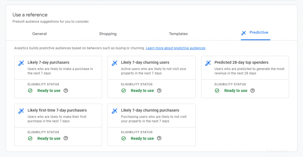 Predictive audiences feature on Google Analytics 4, which users can use when creating a custom audience or segment