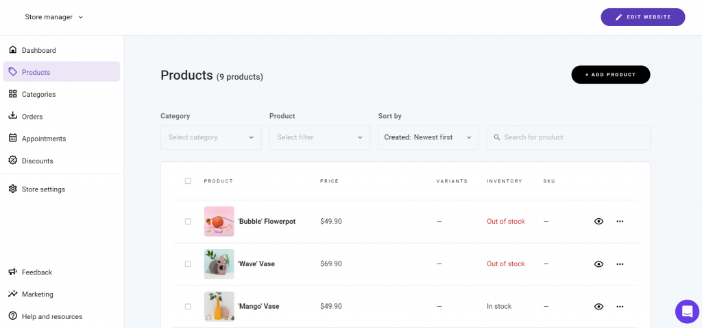 The Products menu on Hostinger Website Builder's Store manager