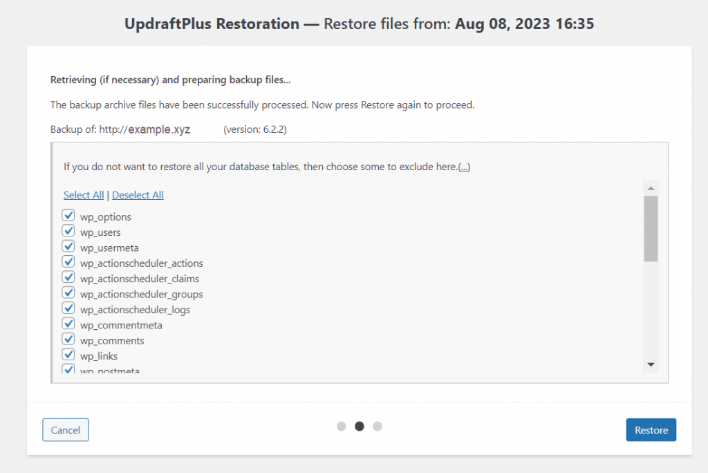 The UpdraftPlus page, showing which database tables to restore.