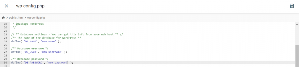 The lines within wp-config.php file on WordPress file manager.