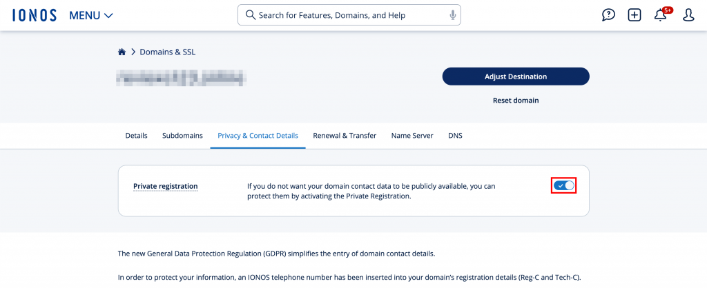 Ionos domain name privacy setting