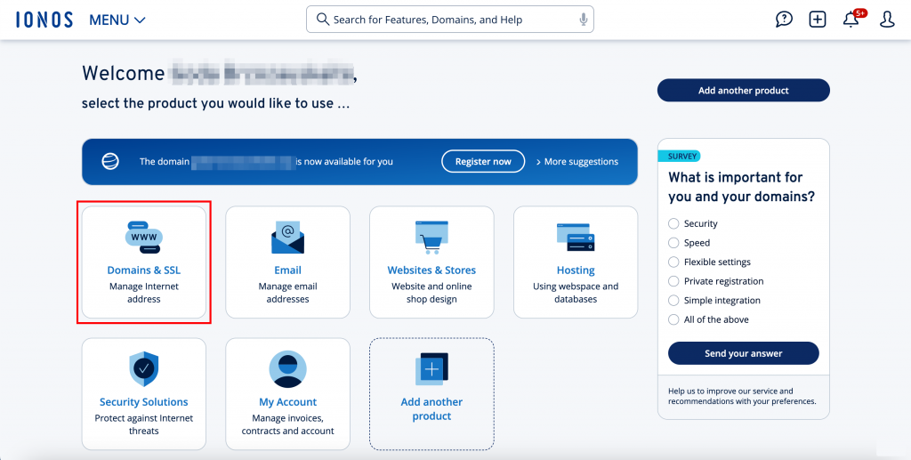 Ionos hosting account dashboard