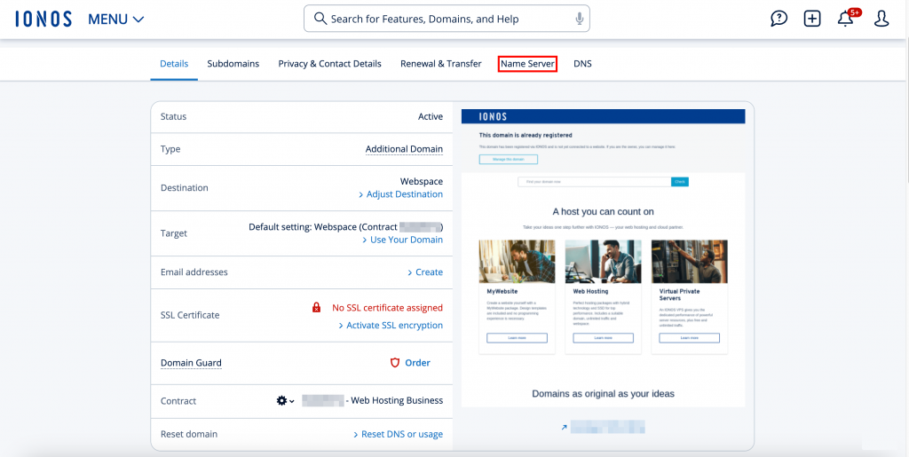 Ionos domain management section with the Name Server tab highlighted