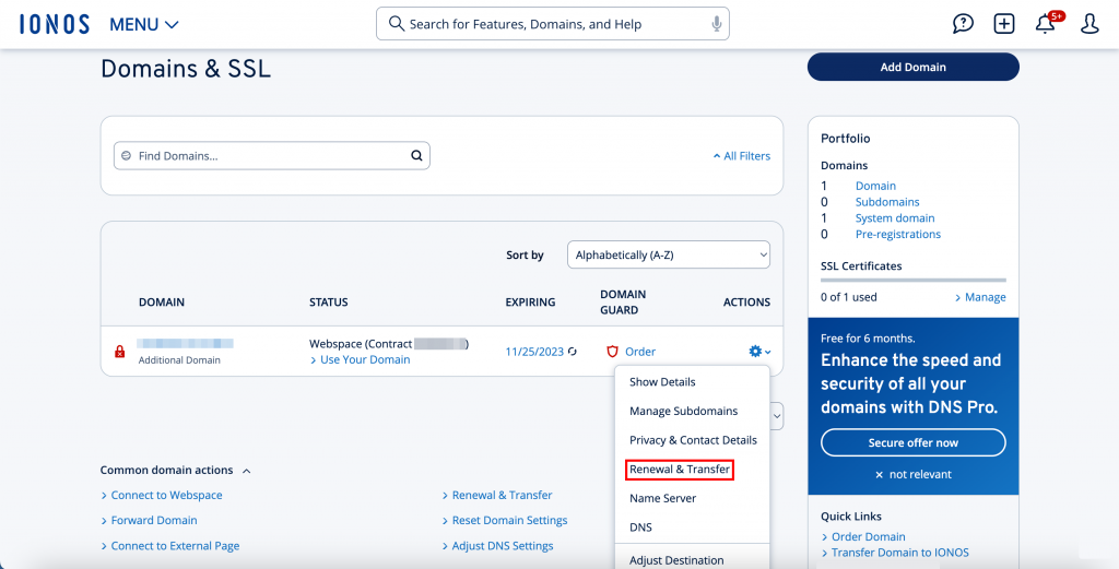 Ionos account domains and SSL section with active domains listed