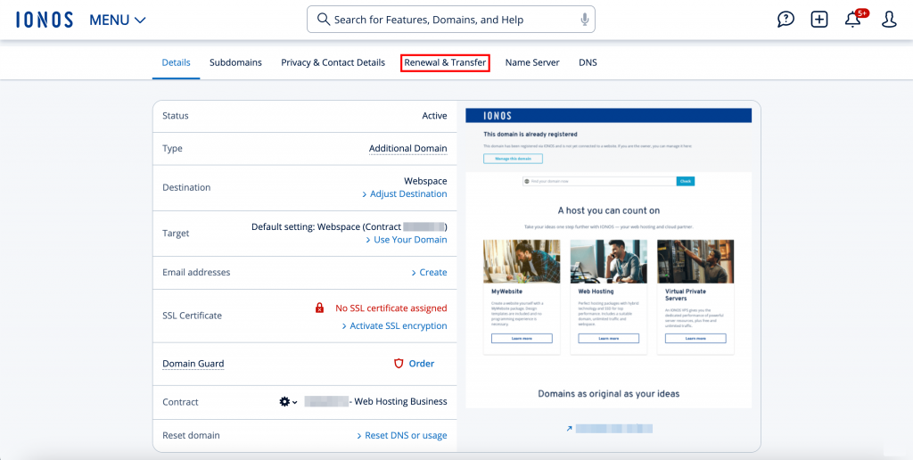 Ionos domain management section