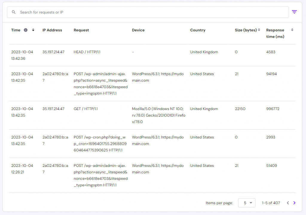 Hostinger's data table for access logs.