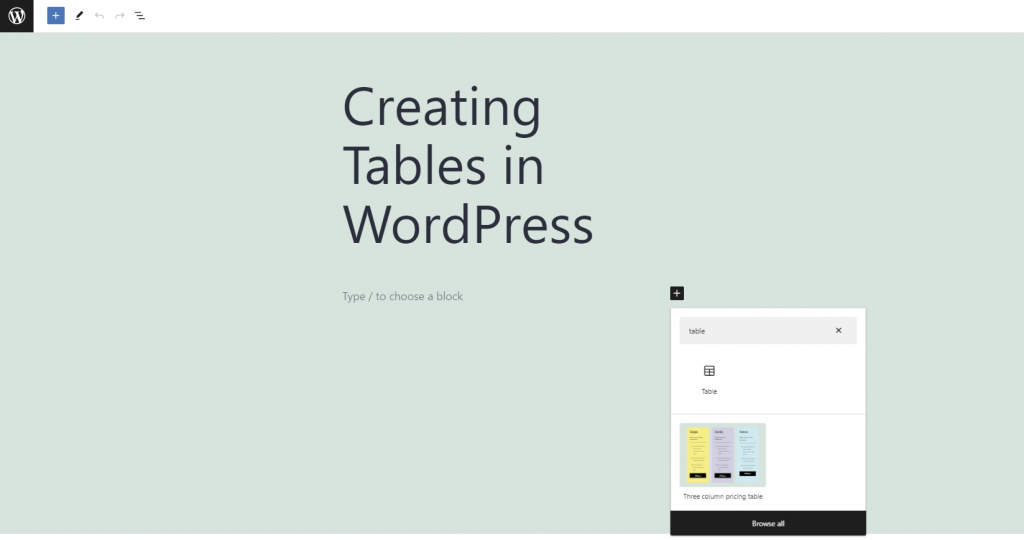 Adding a block for tables to a post in the Gutenberg editor.