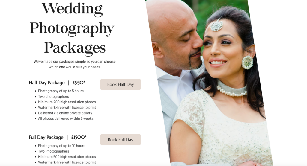 Hilario Photography pricing page