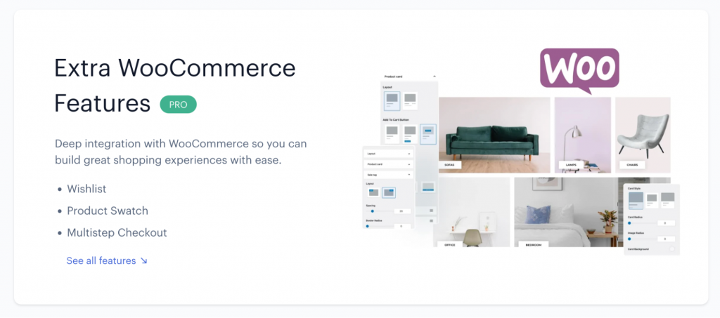 list of extra WooCommerce features next to a screenshot of them in action