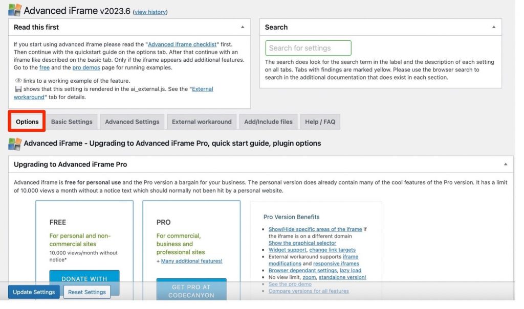 The Advanced iFrame plugin options.