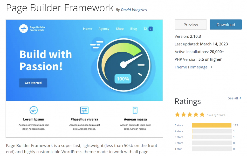 the Page Builder Framework theme in the WordPress repository, showing a preview, key information, and 5 out of 5 stars