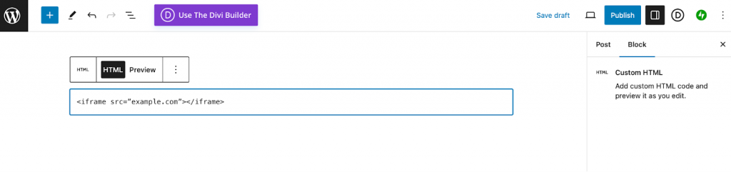 Adding the iFrame HTML tags to a custom html block in WordPress.