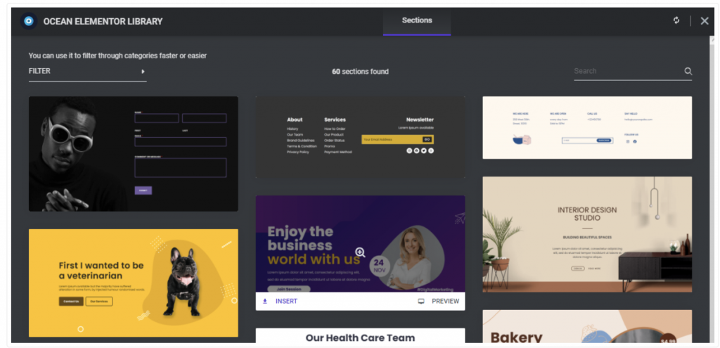  Elementor sections library with a grid of templates