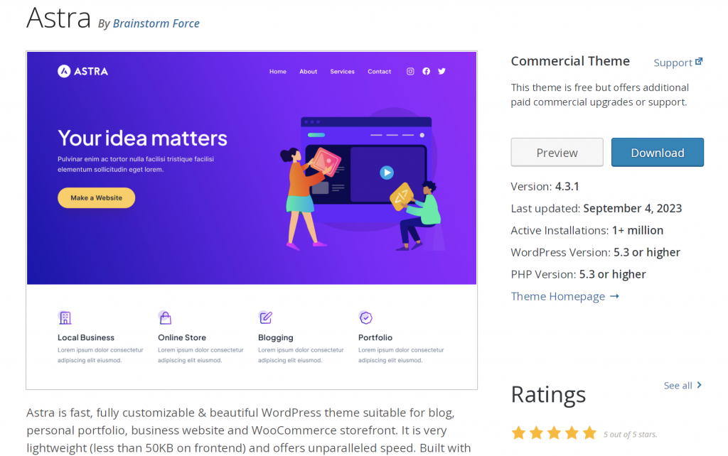 the Astra theme in the WordPress repository, showing a preview, key information, and 5 out of 5 stars