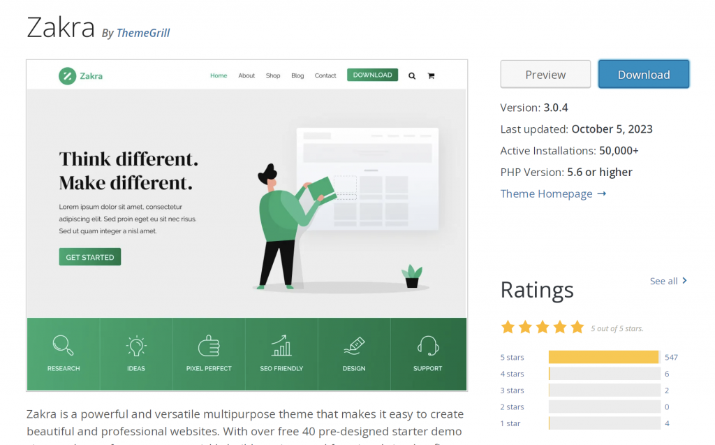 the Zakra theme in the WordPress repository, showing a preview, key information, and 5 out of 5 stars