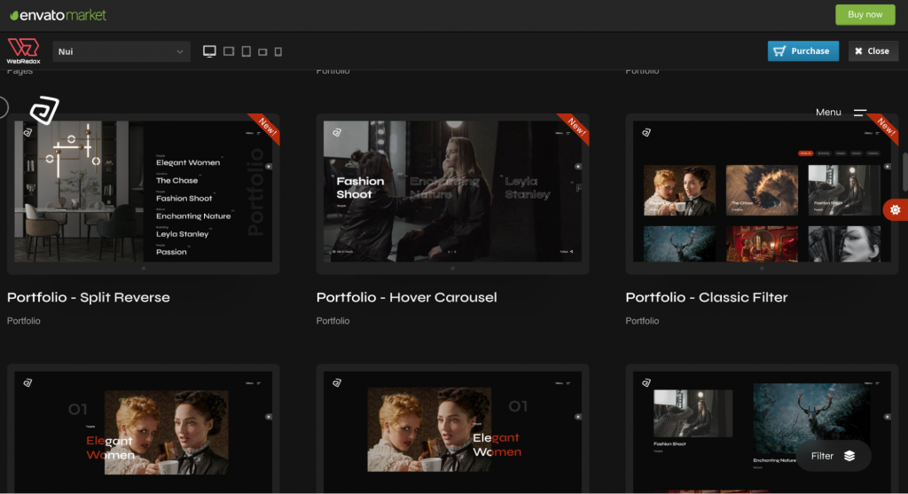 Nui theme portfolio demos listed in a grid