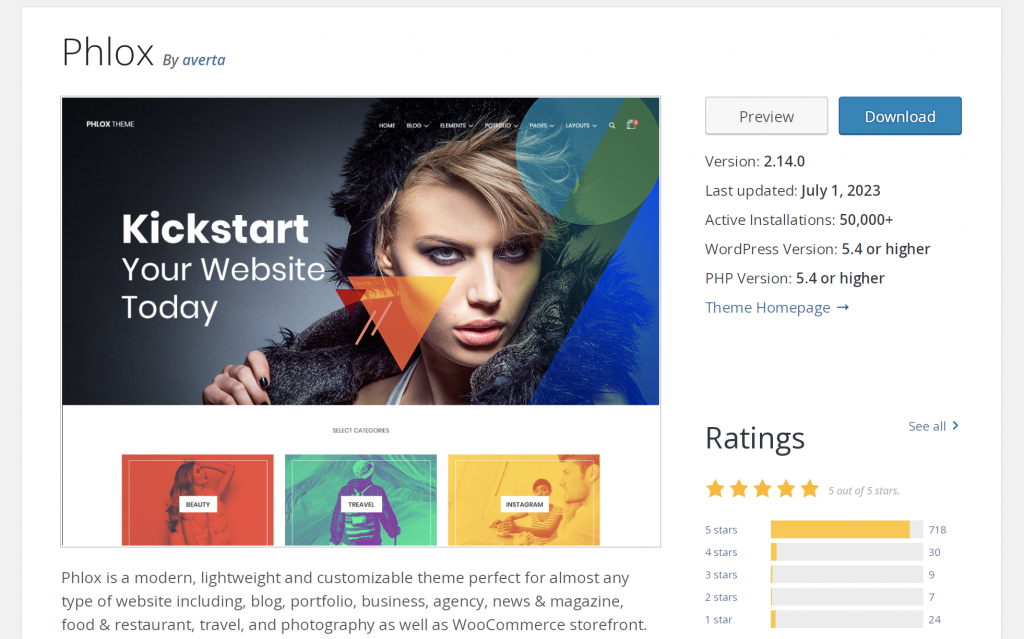 the Phlox theme in the WordPress repository, showing a preview, key information, and 5 out of 5 stars