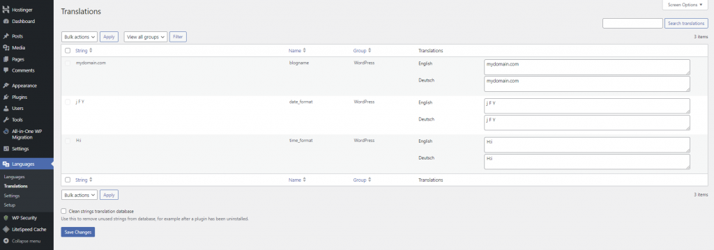 WordPress Translations page, containing strings translated into different languages.