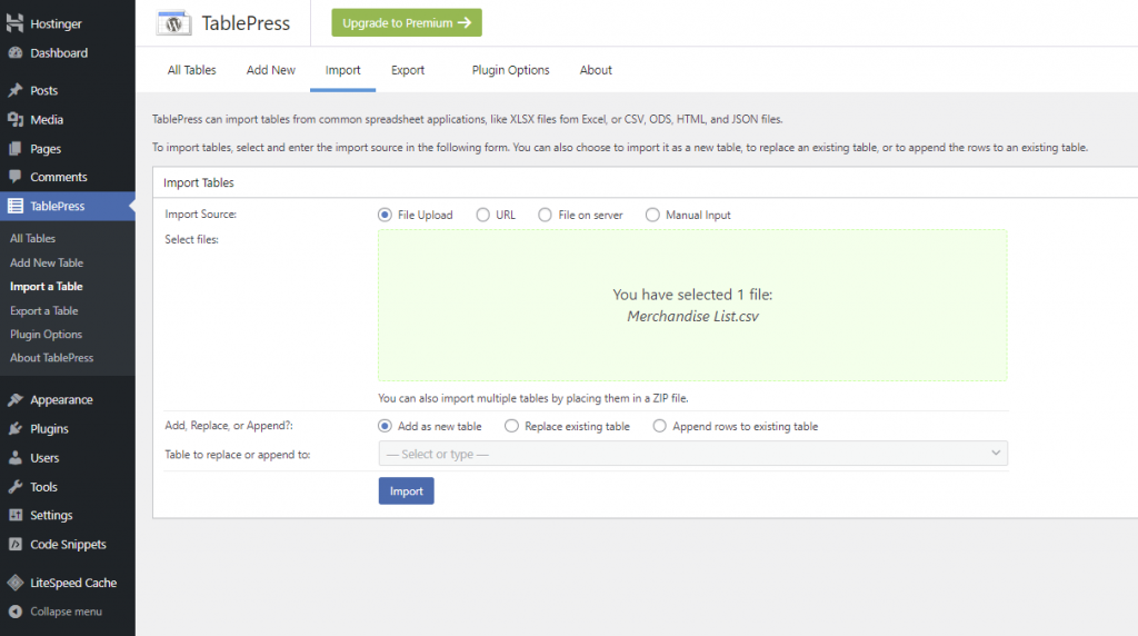 Import data from a CSV file using TablePress.