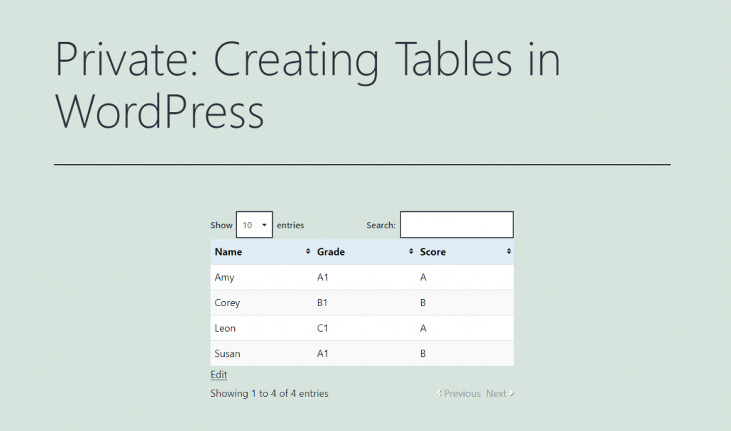 The preview of a table made with the TablePress WordPress table plugin.