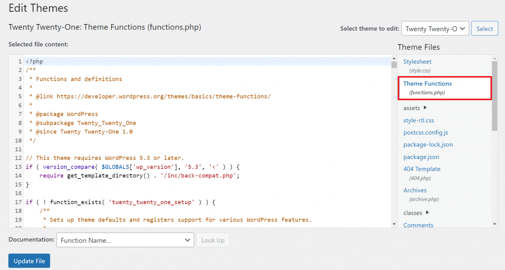 Editing the WordPress functions.php file using the Theme File Editor