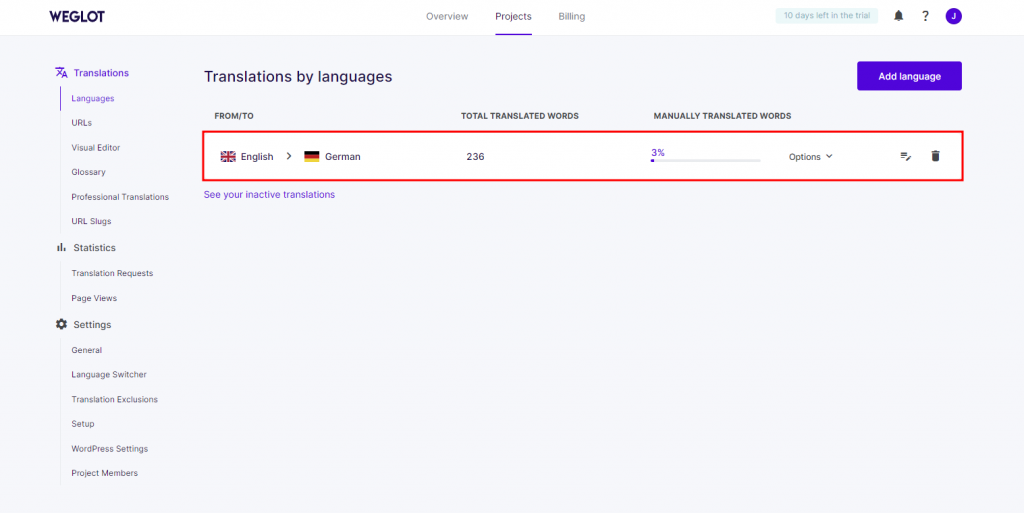 Managing translations on the Weglot dashboard, with one language pair being highlighted.