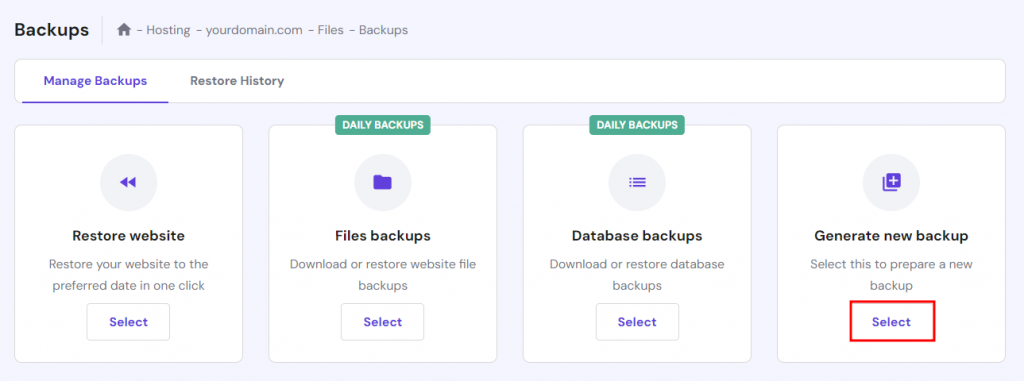 The Backups section in Hostinger's control panel with the option to generate new backup highlighted in red