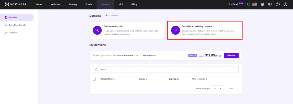 Hostinger Domains page highlighting the option to transfer an existing domain