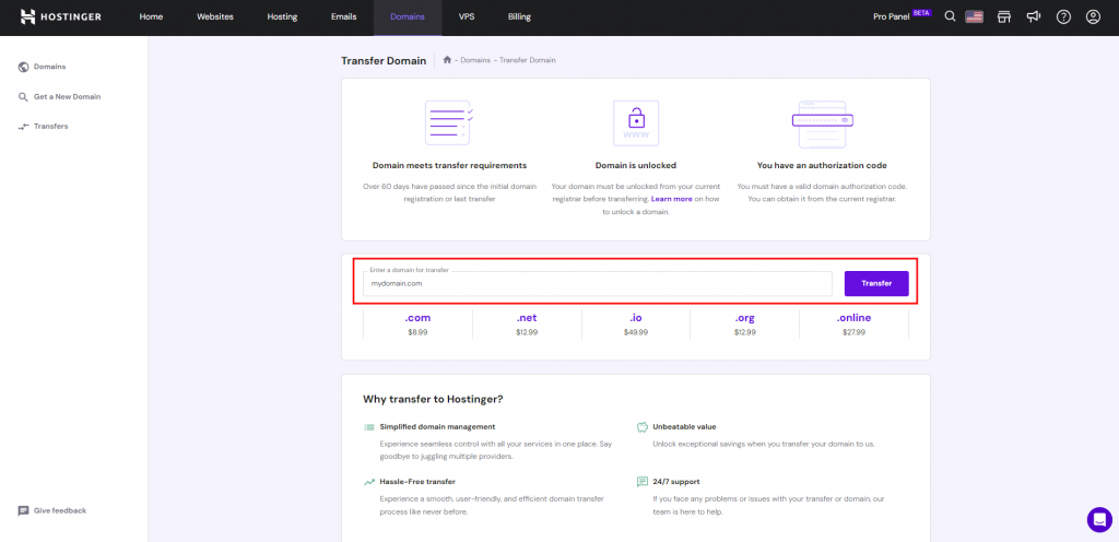 Hostinger Domains page highlighting the field to enter the domain for transfer