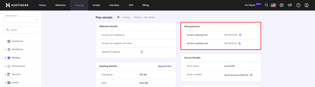 Hostinger Plan Details page highlighting the nameservers section