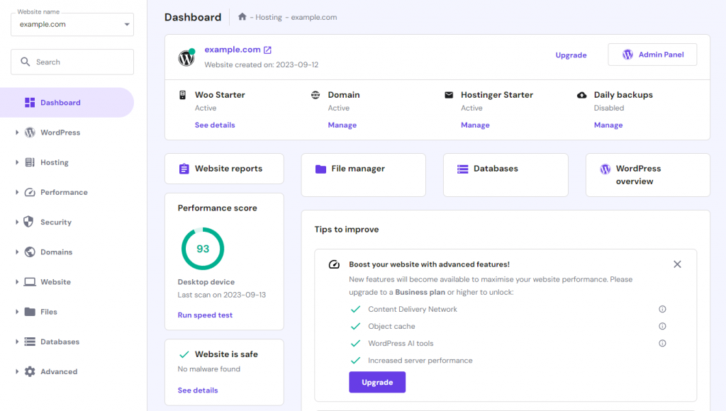 Hostinger's WooCommerce hosting hPanel