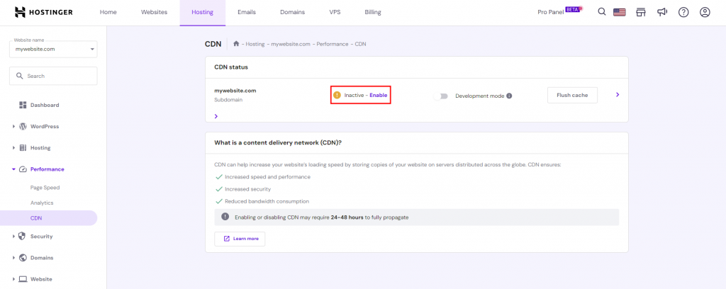 Hostinger's content delivery network page with the activation toggle highlighted.