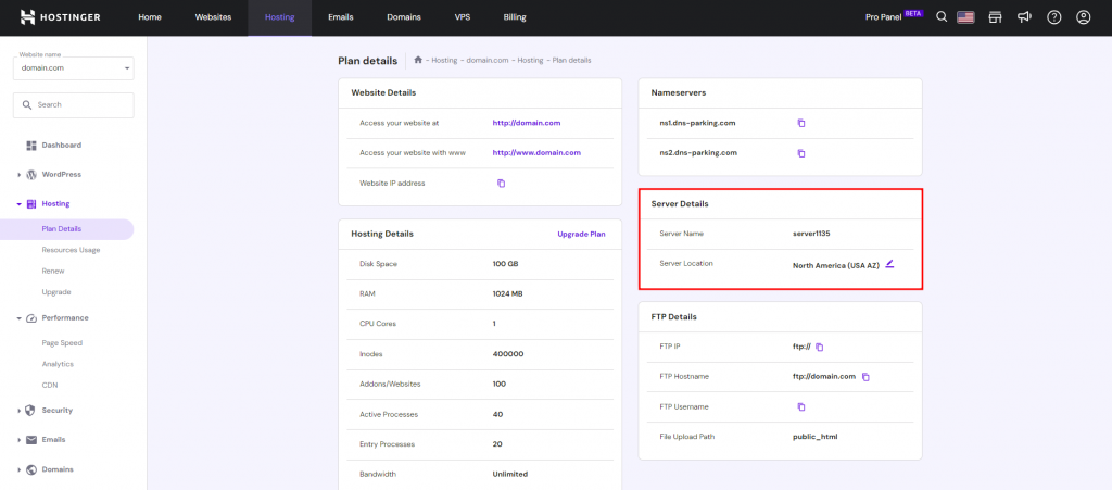 Hostinger's Plan Details page with the Server Details section highlighted.