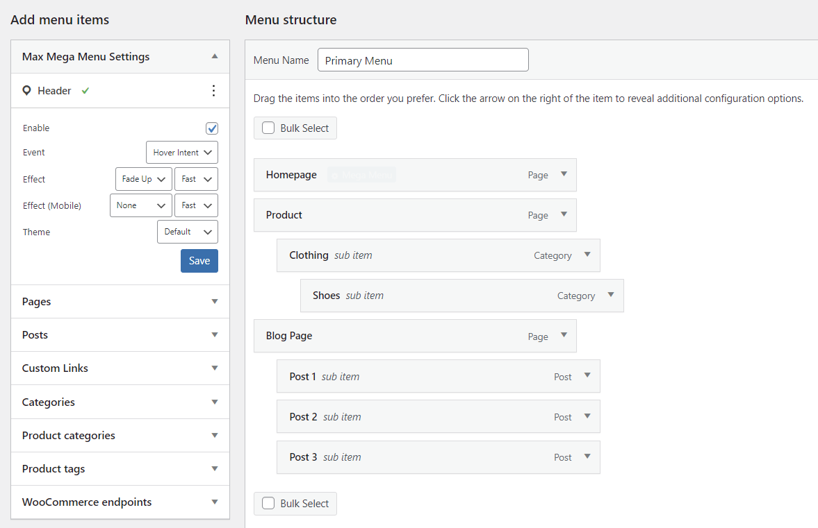 The Menus section in the WordPress dashboard
