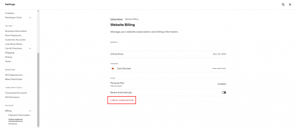 Squarespace Billing page highlighting the Cancel Subscription button