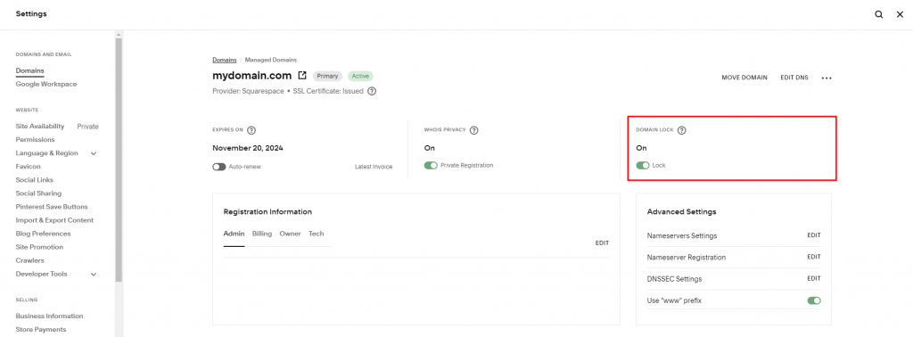 Squarespace Domains panel highlighting the Domain Lock toggle