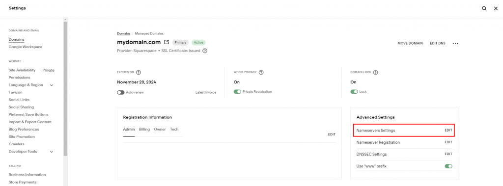 Squarespace Domains panel highlighting the Nameservers Settings