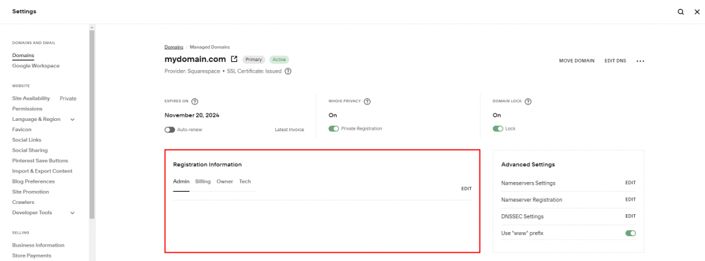 Squarespace Domains panel highlighting the Domain Registration Information section