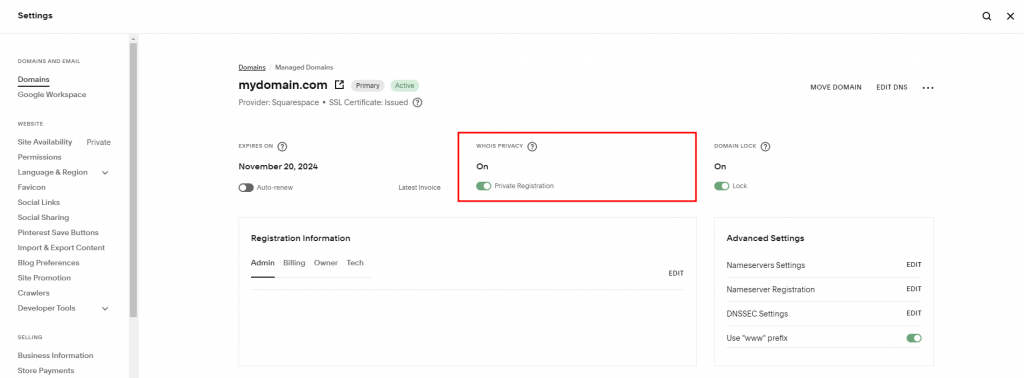 Squarespace Domains panel highlighting the WHOIS Privacy toggle